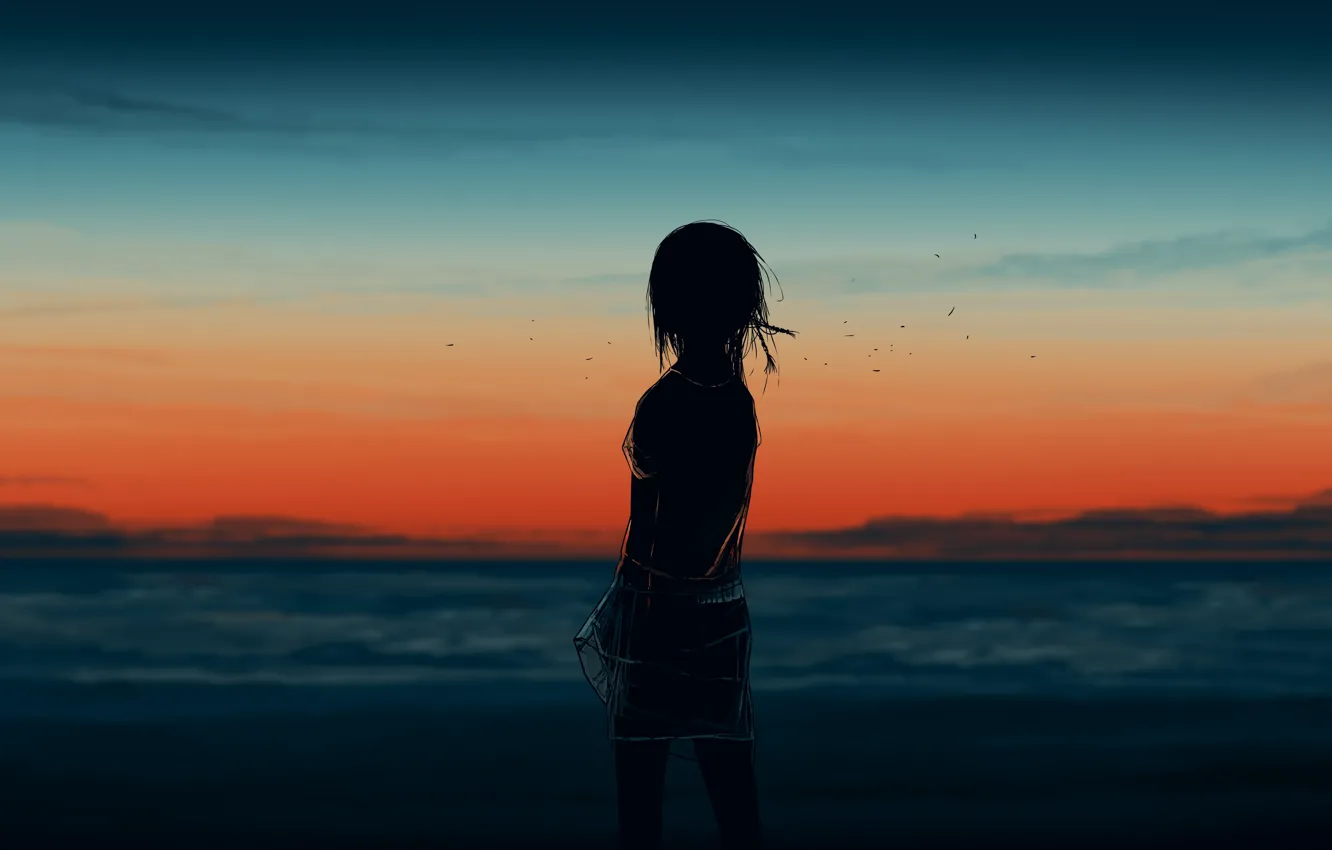 Фото обои море, небо, закат, девочка, постапокалипсис