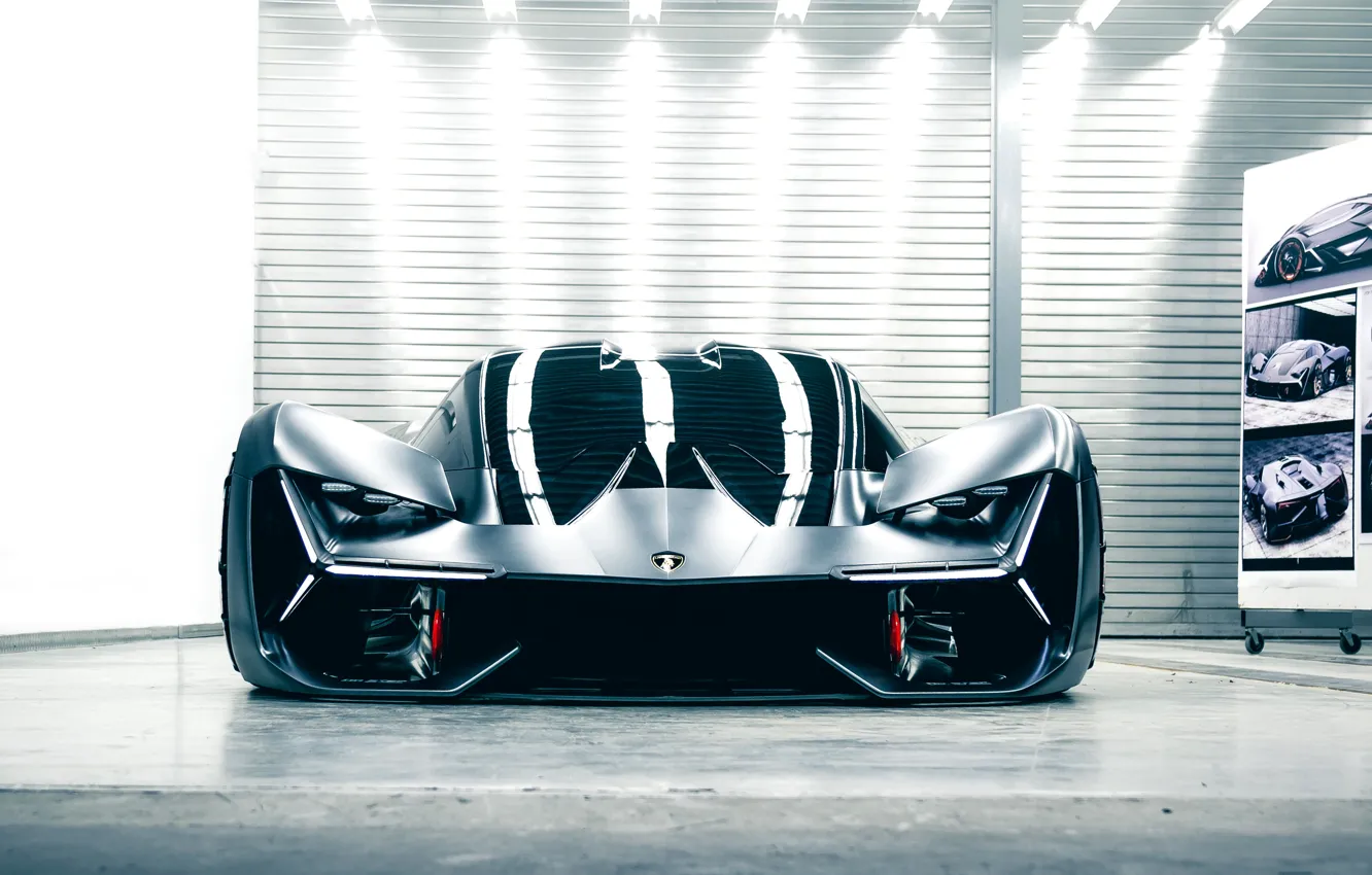 Фото обои свет, отражение, Lamborghini, вид спереди, помещение, 2017, Terzo Millennio Concept