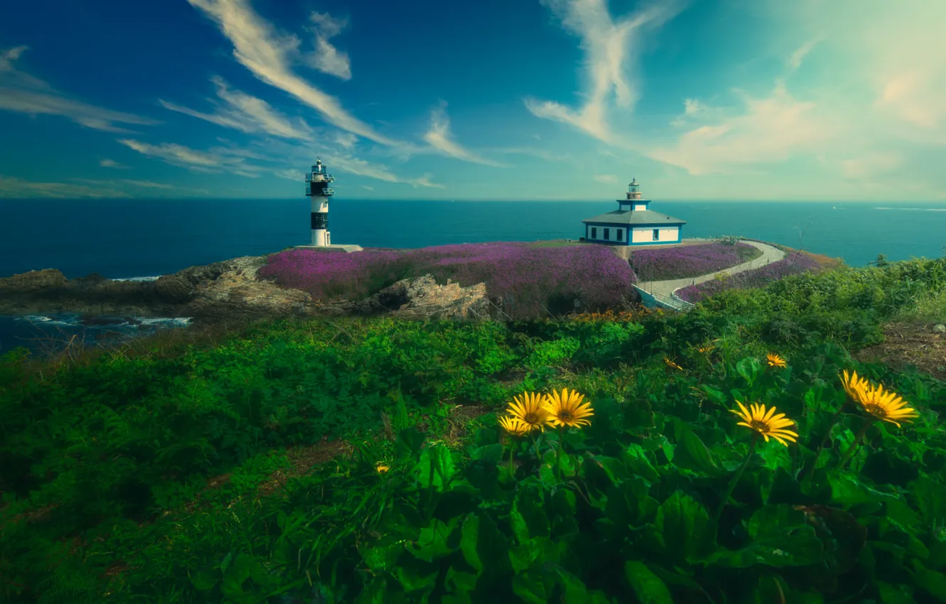 Фото обои дорога, море, пейзаж, природа, маяк, Испания, Галиция, Faro de Illa Pancha