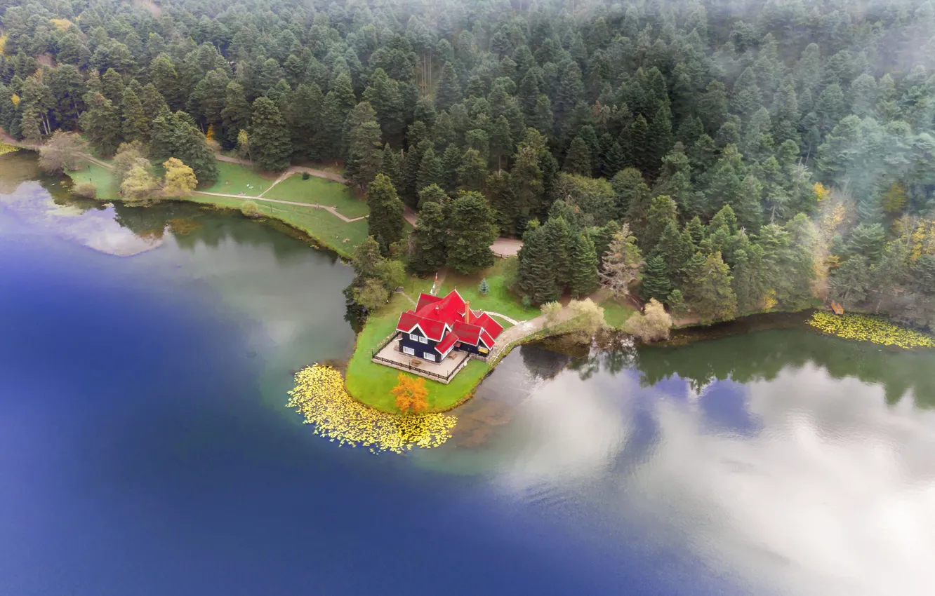 Фото обои облака, озеро, дом, парк, отражение, house, park, clouds, lake, reflection, muhur-samet guler