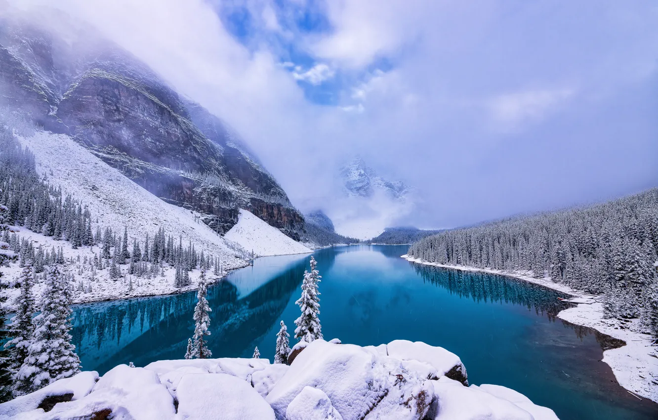 Фото обои зима, лес, горы, озеро, Канада, Альберта, Banff National Park, Alberta, Canada, Moraine Lake, Valley of …