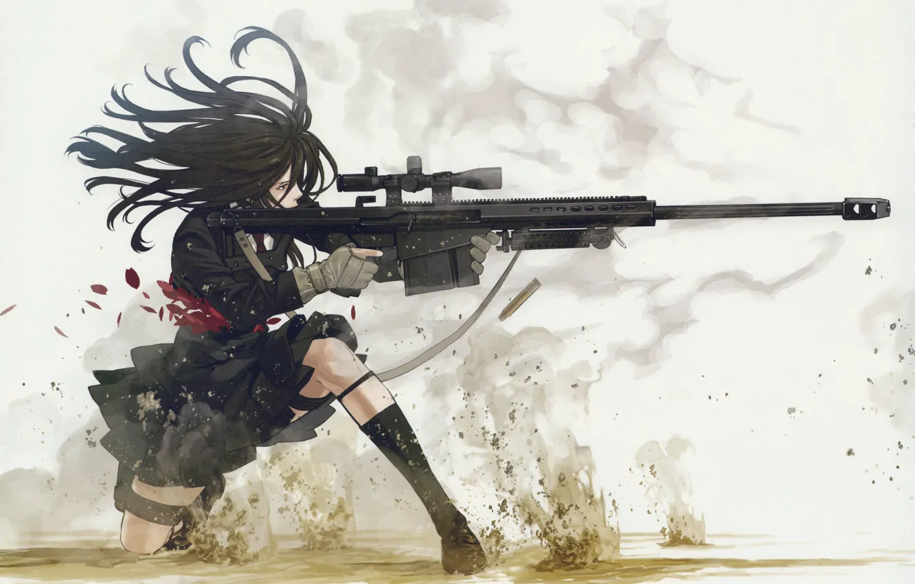 Фото обои выстрел, автомат, школьница, ранена, гильзы, снайперская винтовка, бойня, by Yuusuke Kozaki