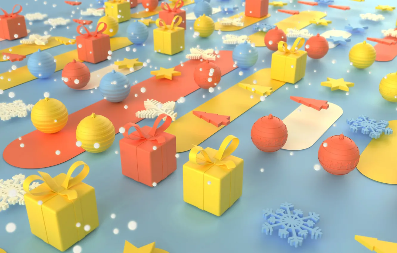 Фото обои шарики, снежинки, рендеринг, праздник, графика, Рождество, подарки, Новый год, ёлочные игрушки, коробочки