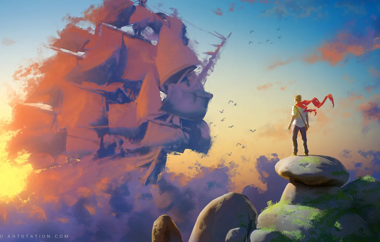 Фото обои fantasy, sky, clouds, rocks, birds, alone, man, artist, ship, artwork, fantasy art, sailing ship, Sylvain …
