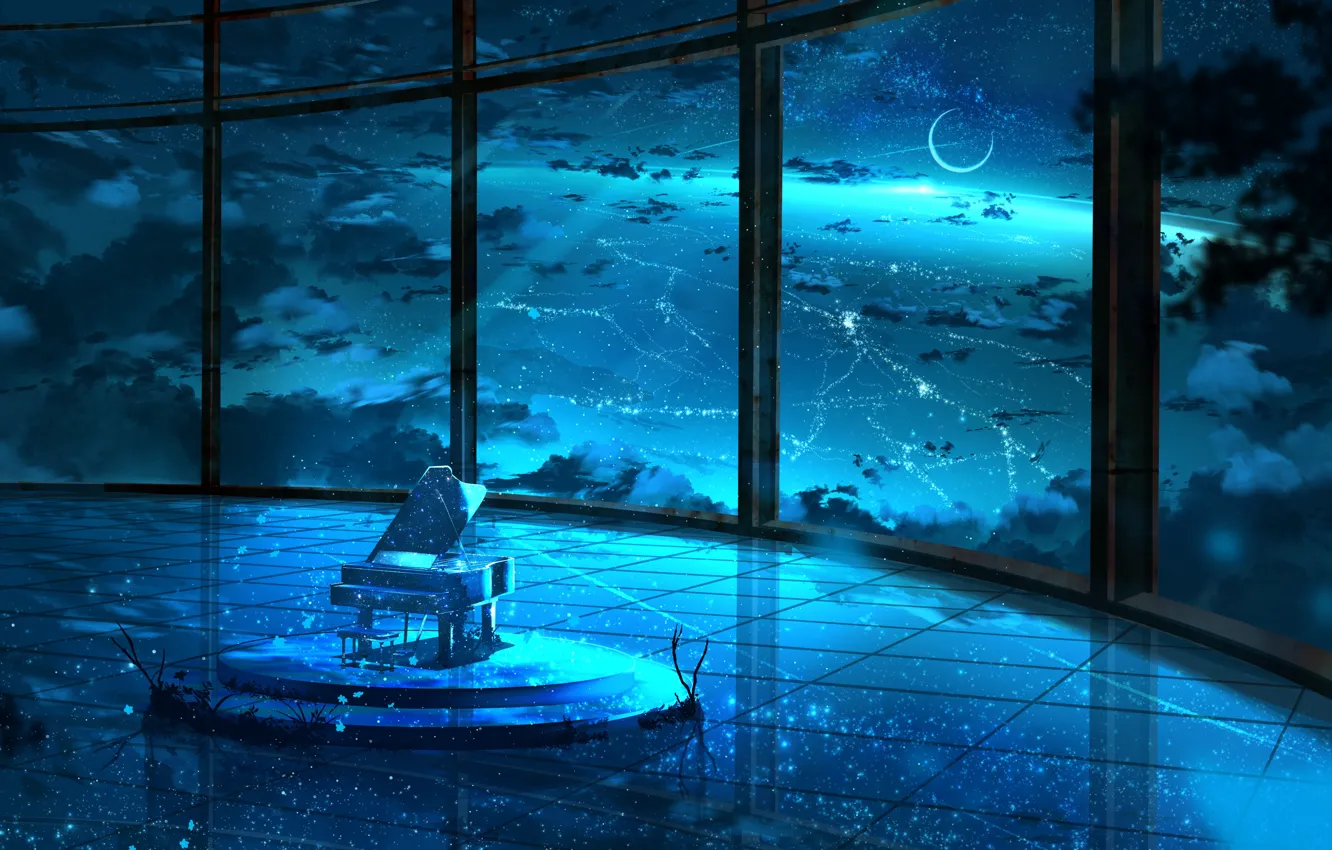 Фото обои небо, ночь, комната, луна, пианино
