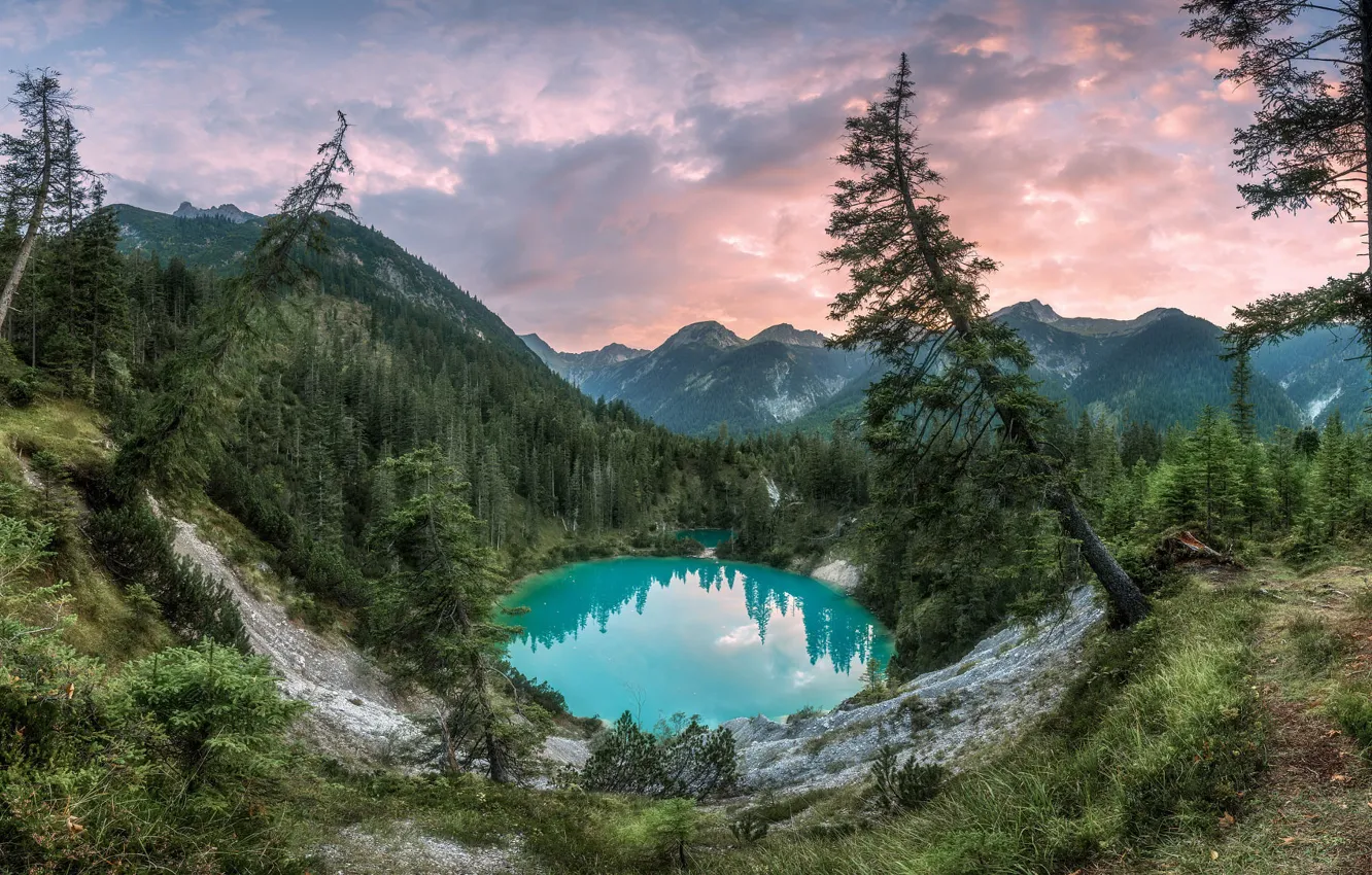Фото обои пейзаж, горы, природа, озеро, утро, Австрия, леса, впадина