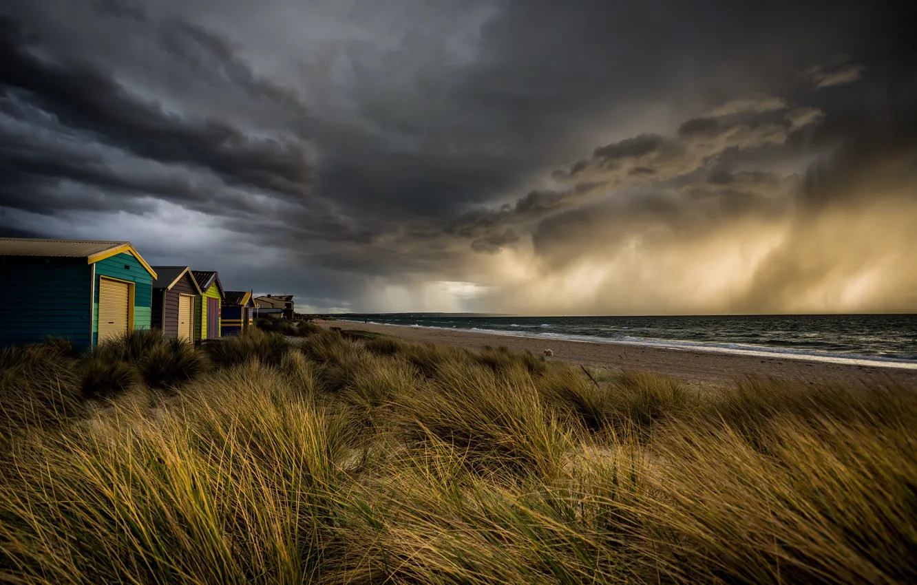 Фото обои storm, sunset, clouds, Beach box, Chelsea beach