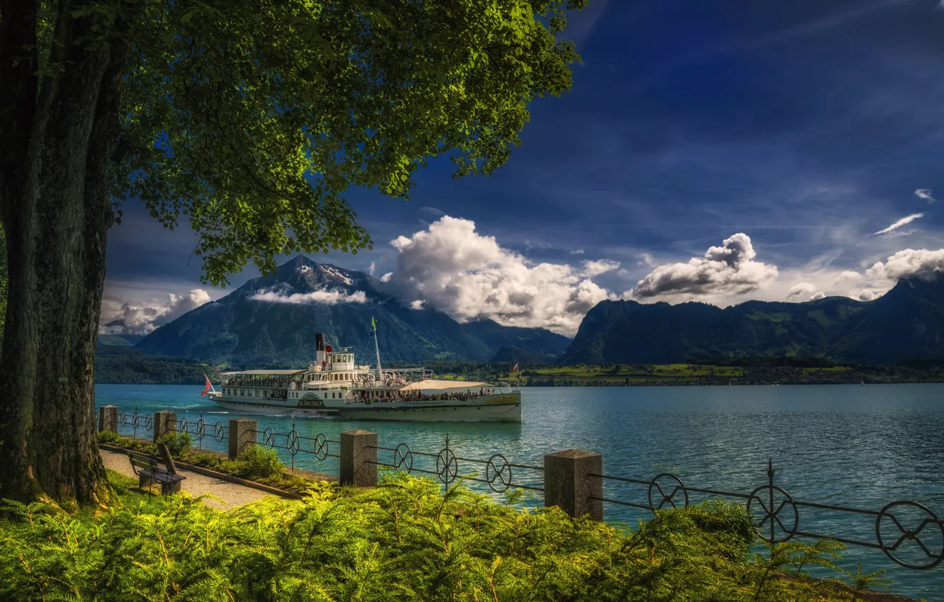 Фото обои облака, пейзаж, горы, природа, озеро, Швейцария, пароход, Тунское озеро, Thunersee