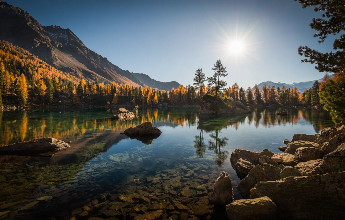 Фото обои осень, лес, деревья, горы, озеро, отражение, камни, Швейцария, Альпы, Switzerland, Alps, Lago di Saoseo, Poschiavo, …