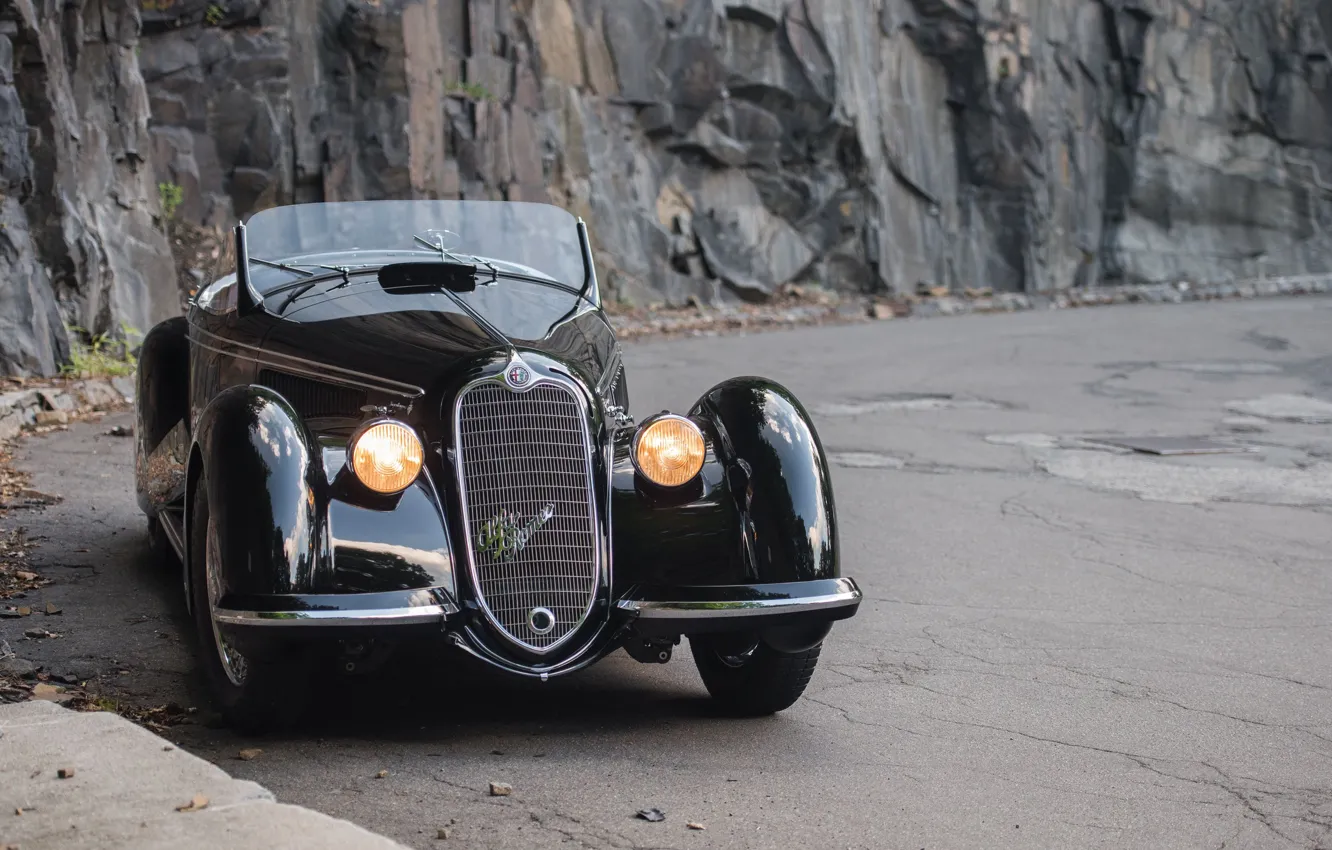 Фото обои Черный, Cabriolet, Передок Фары, Classic Car, Alfa Romeo 8C