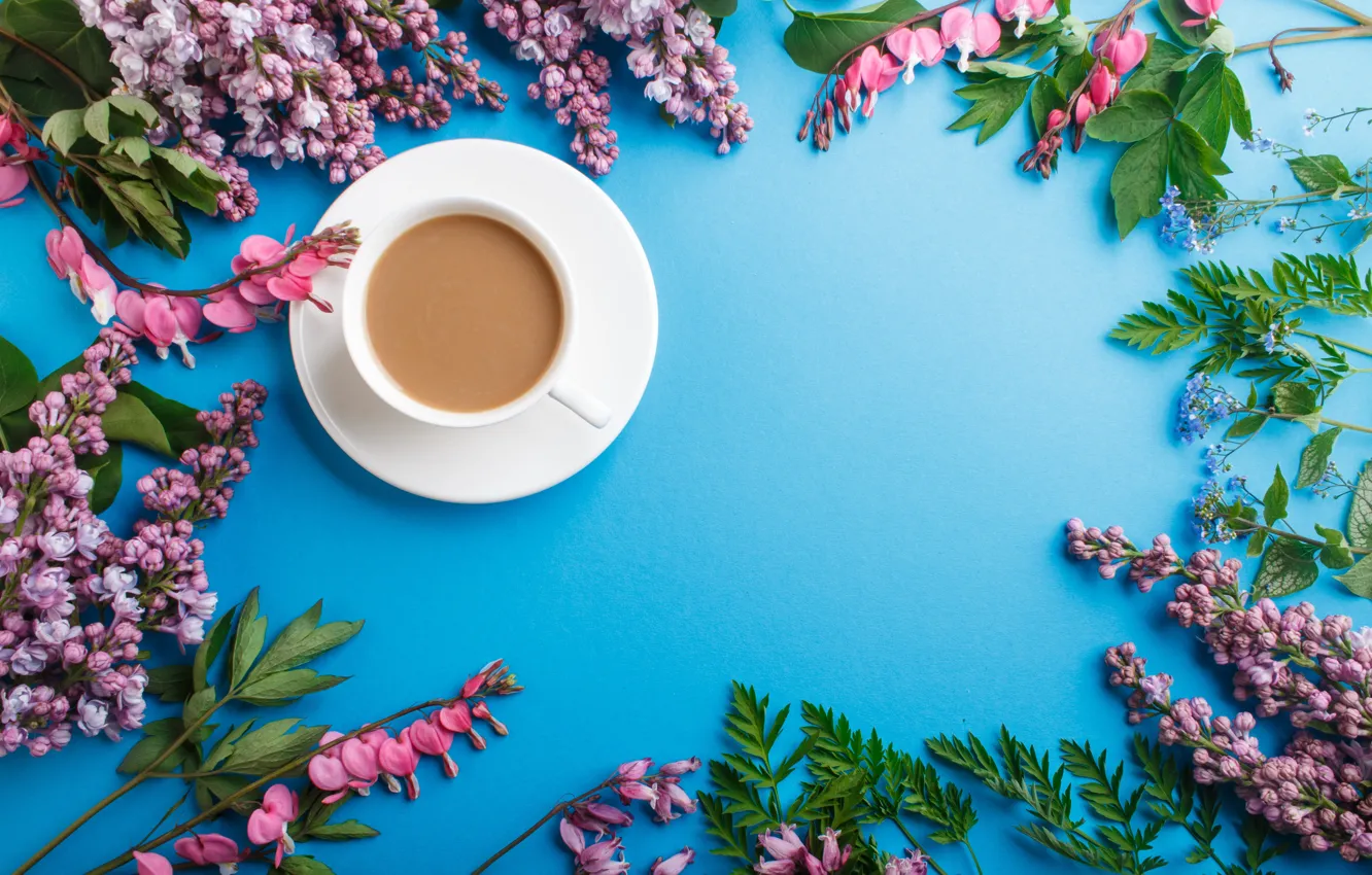 Фото обои цветы, pink, flowers, сирень, coffee cup, lilac, чашка кофе