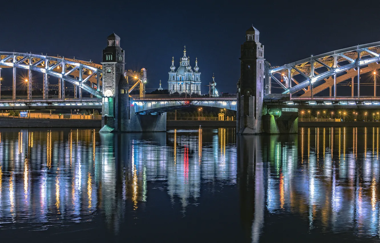 Фото обои ночь, город, река, Питер, освещение, Санкт-Петербург, Смольный собор, Нева, Большеохтинский мост