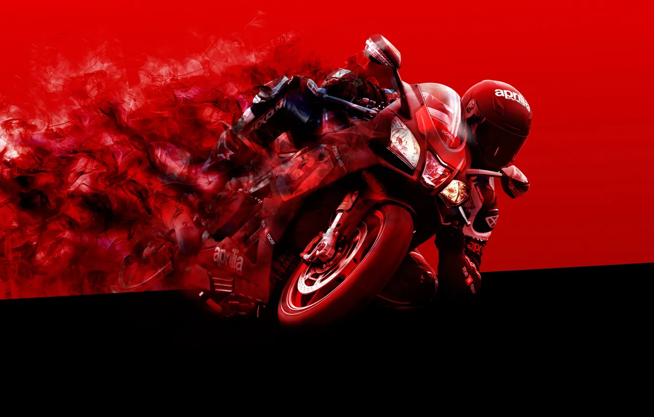 Фото обои red, black, moto, Aprilia, bike, smoke, racer, motocycle