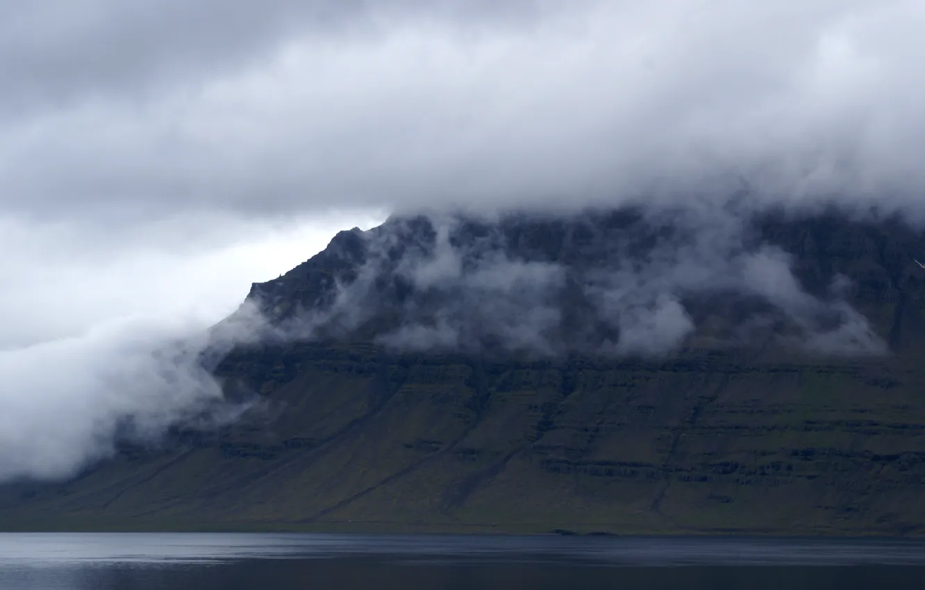 Фото обои облака, тучи, природа, скала, гора, Исландия, Iceland, фьорд