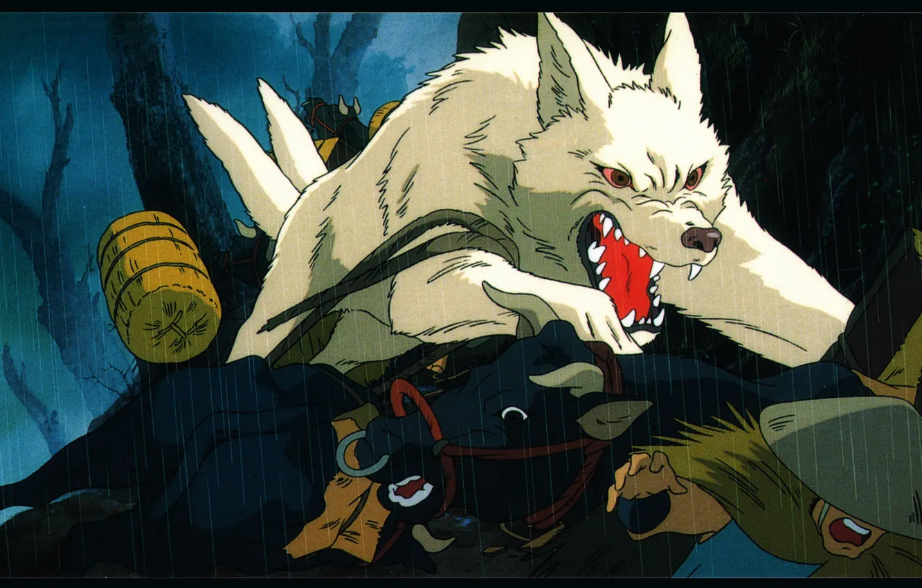 Фото обои хищник, нападение, ужас, красные глаза, ливень, паника, Мононоке, белый волк, Mononoke, пасть в крови