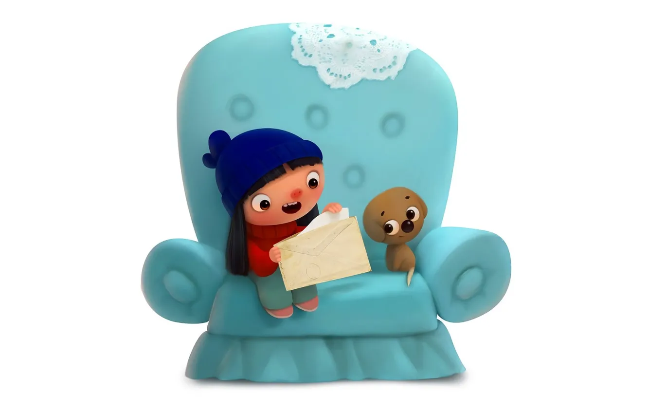 Фото обои письмо, радость, девочка, щенок, белый фон, конверт, сидит в кресле, вязаная шапочка, Волшебный пёсик Дойф, …