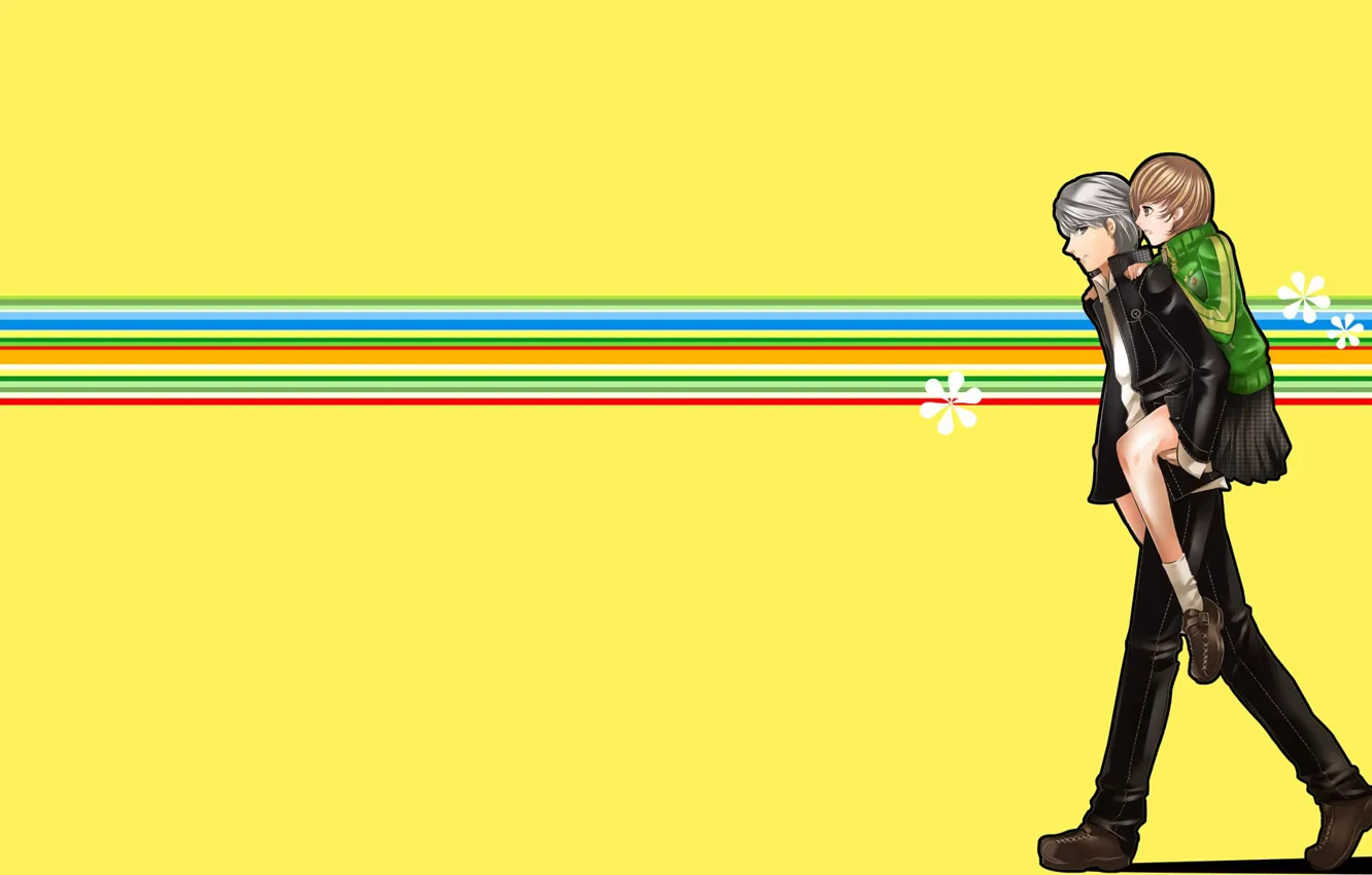 Фото обои девушка, линии, парень, Persona 4, жёлтый фон, несёт, Персона. 