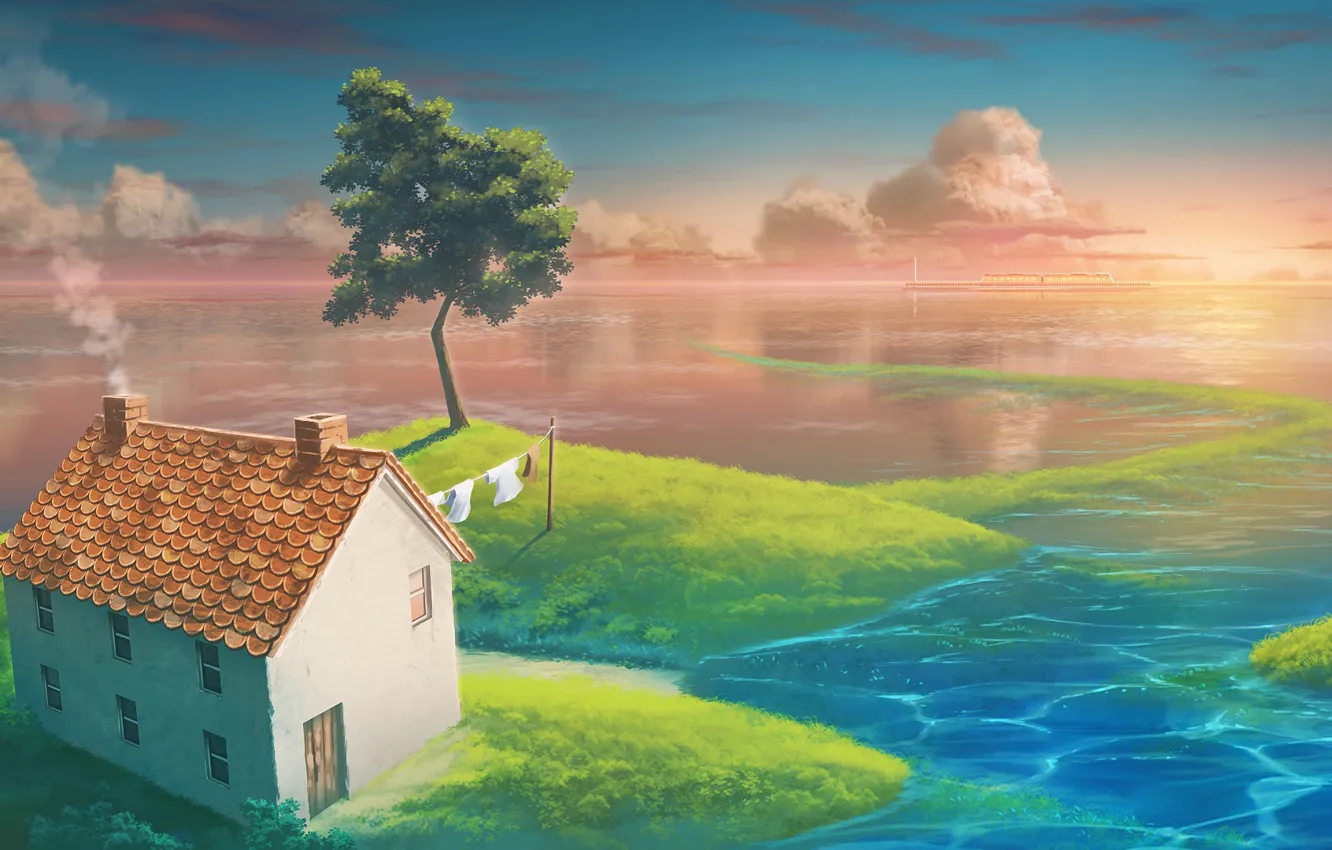 Фото обои вода, дом, дерево, остров, райский уголок