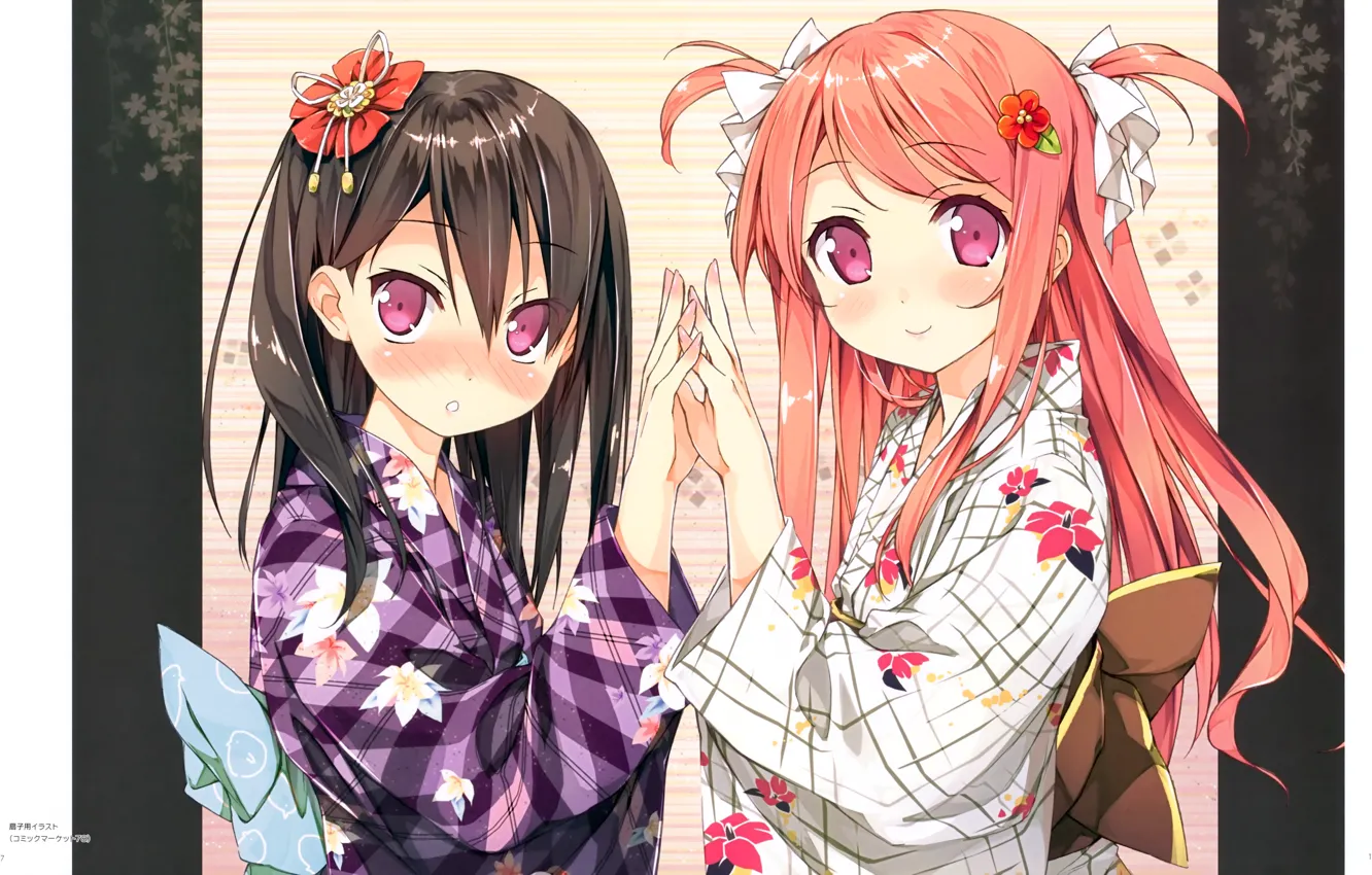 Фото обои юката, красные глаза, подруги, цветок в волосах, два хвостика, ладонями, две девочки, Kurumi, by kantoku
