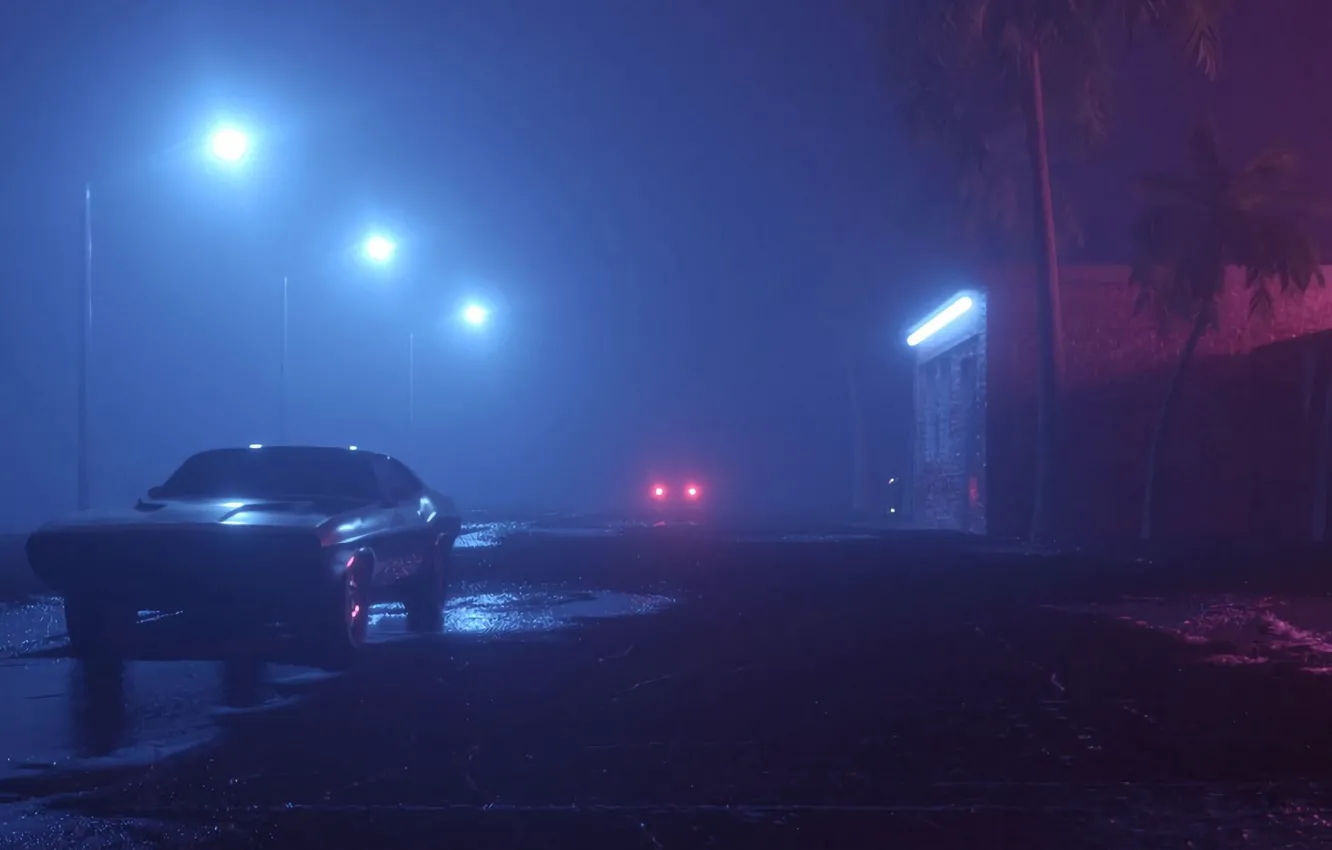 Фото обои машина, туман, улица, неон, фонари, ночь обои