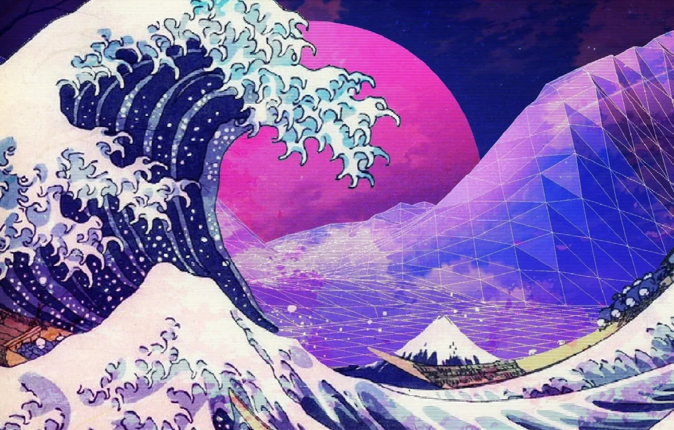Фото обои purple, aeshtetic, vaporwave, kanagawa great wave, the great wave...