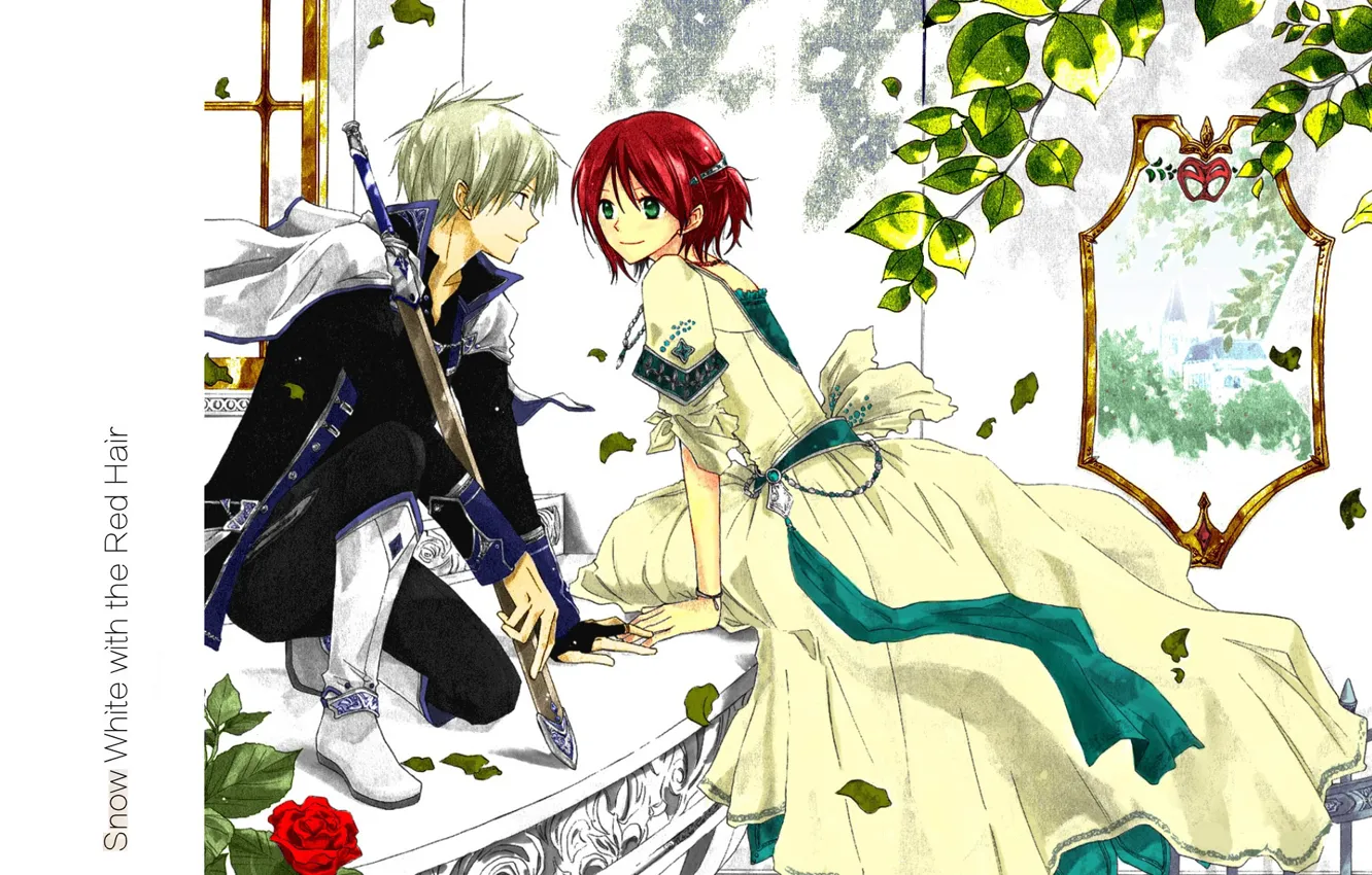 Фото обои романтика, в саду, shirayuki, akagami no shirayukihime, Zen Wistaria, парень с девушкой, бальное платье, меч …
