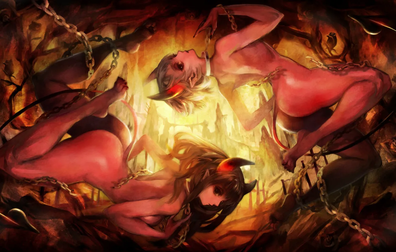 Фото обои ошейник, цепи, дьяволица, демонессы, преисподняя, Dragons Crown, Welcome To Hell, рога на голове, by Hirai …