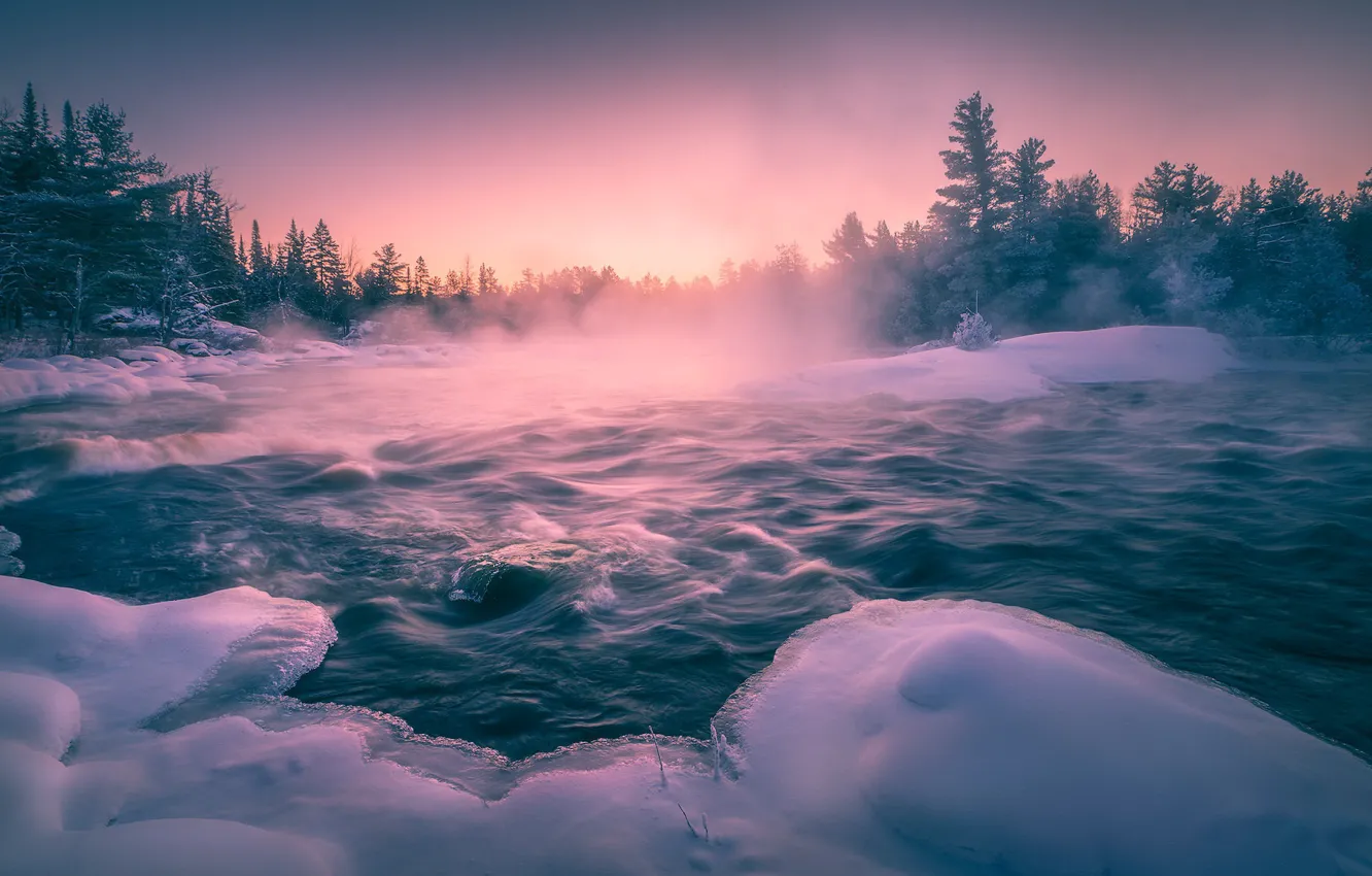 Фото обои зима, закат, туман, озеро