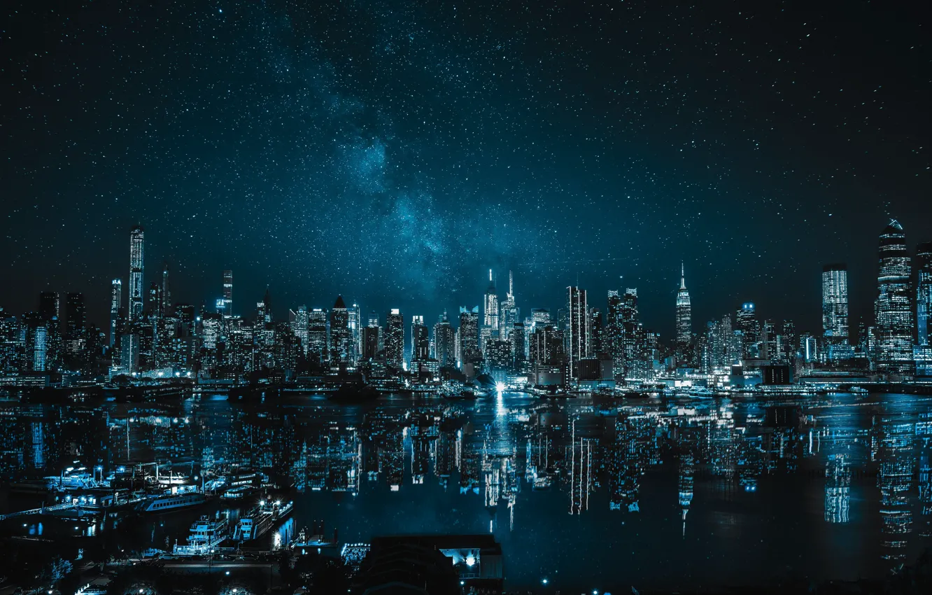 Фото обои река, небоскребы, порт, river, звездное небо, skyscrapers, port, starry sky, огни ночного города, night city …