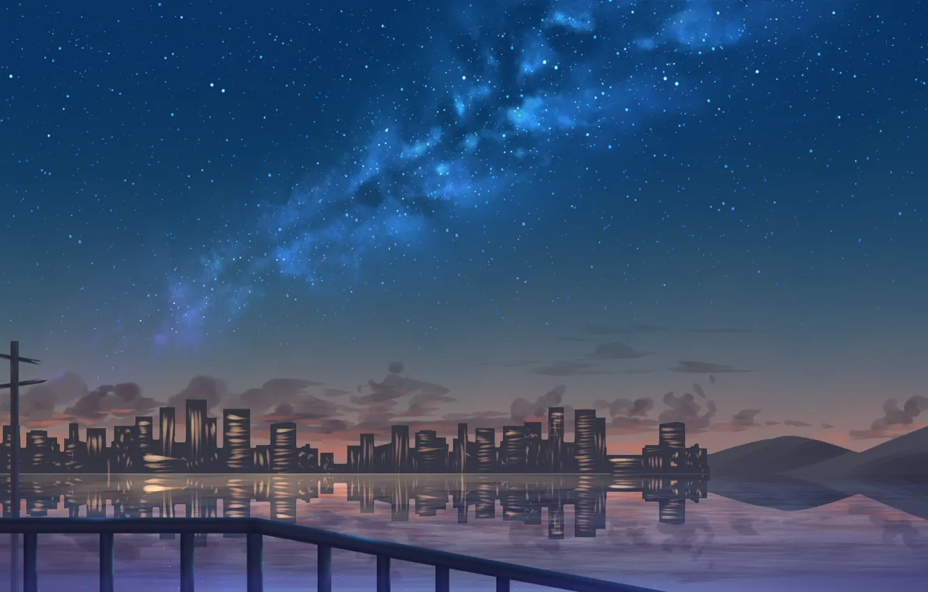 Фото обои море, небо, ночь, город, млечный путь