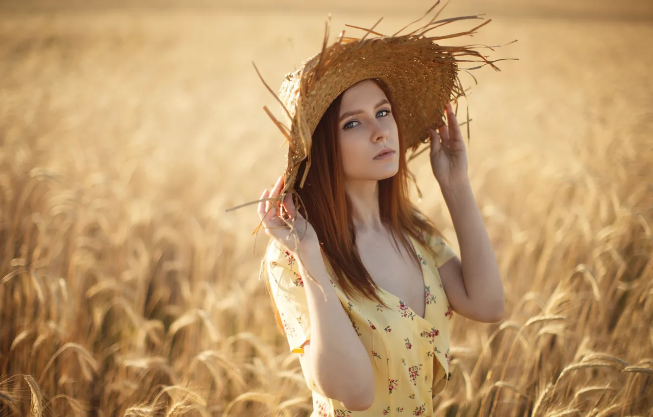 Фото обои пшеница, Девушка, шляпа, платье, Сергей Сорокин, Дарья Костина