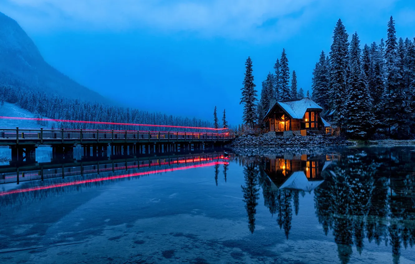 Фото обои лес, свет, горы, озеро, отражение, Канада, домик, Canada, British Columbia, Британская Колумбия, Yoho National Park, …