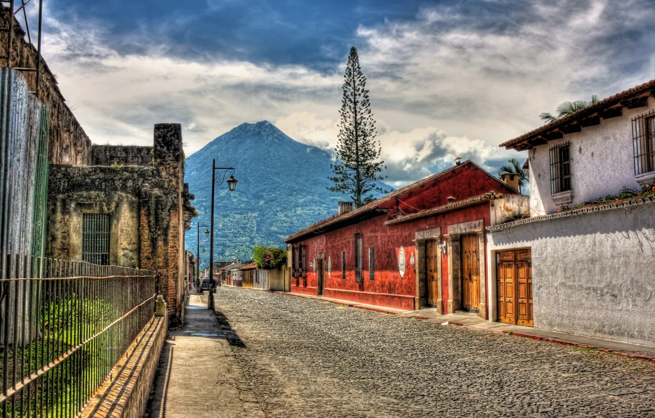 Фото обои город, улица, HDR, вулкан, Гватемала, Guatemala, Antigua, Антигуа...