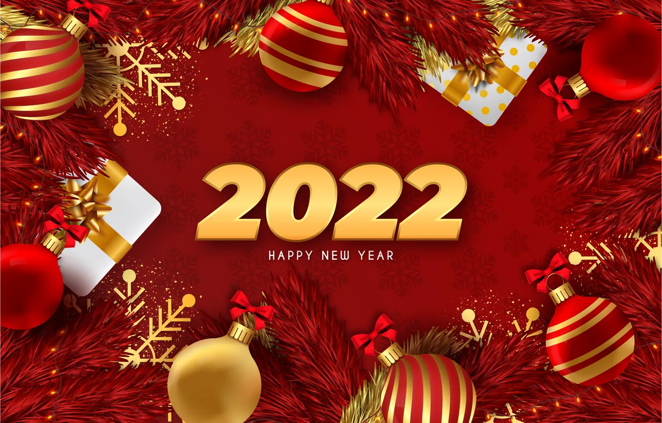 Фото обои шарики, снежинки, ветки, шары, Рождество, подарки, Новый год, красный фон, 2022