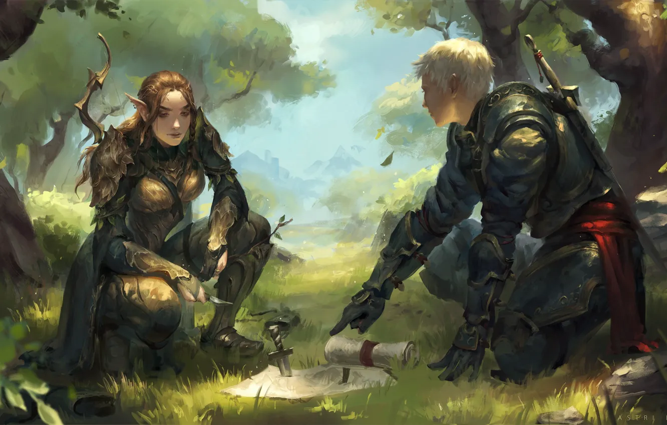 Фото обои girl, sword, fantasy, forest, armor, trees, boy, map, artist, wea...