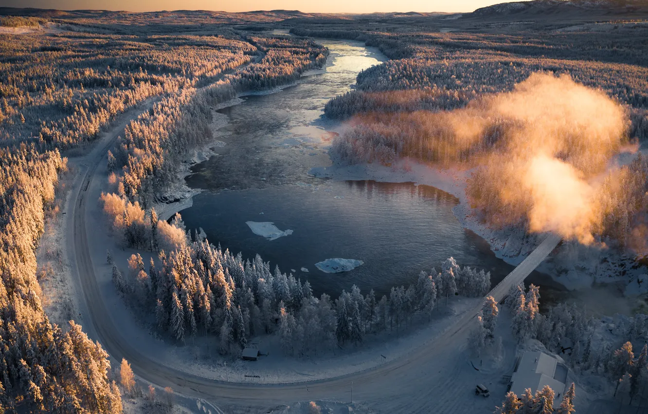 Фото обои зима, дорога, лес, река, рассвет, утро, Швеция, Sweden, Lapland, Лаппланд, Река Каликсэльвен, Kalix River