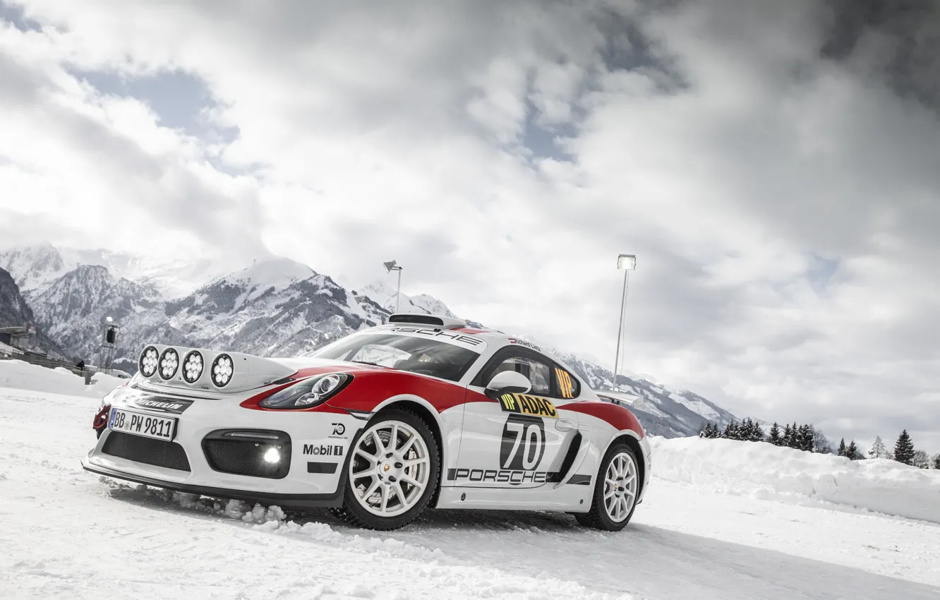 Фото обои машина, свет, снег, горы, фары, спорткар, ралли, Porsche Cayman GT4 rally