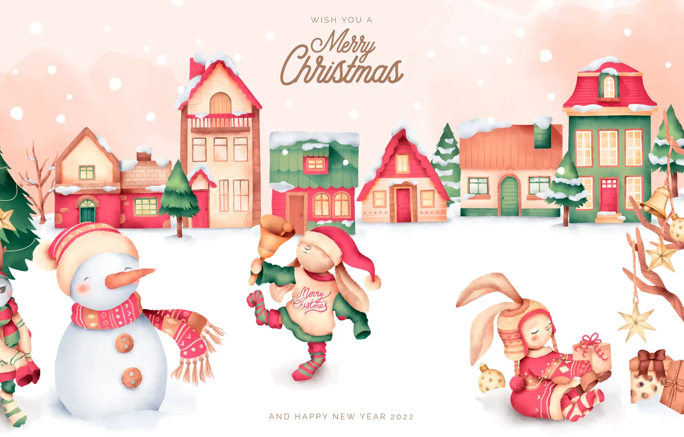 Фото обои зима, снег, дерево, дома, Рождество, кролики, Новый год, снеговик, ёлка