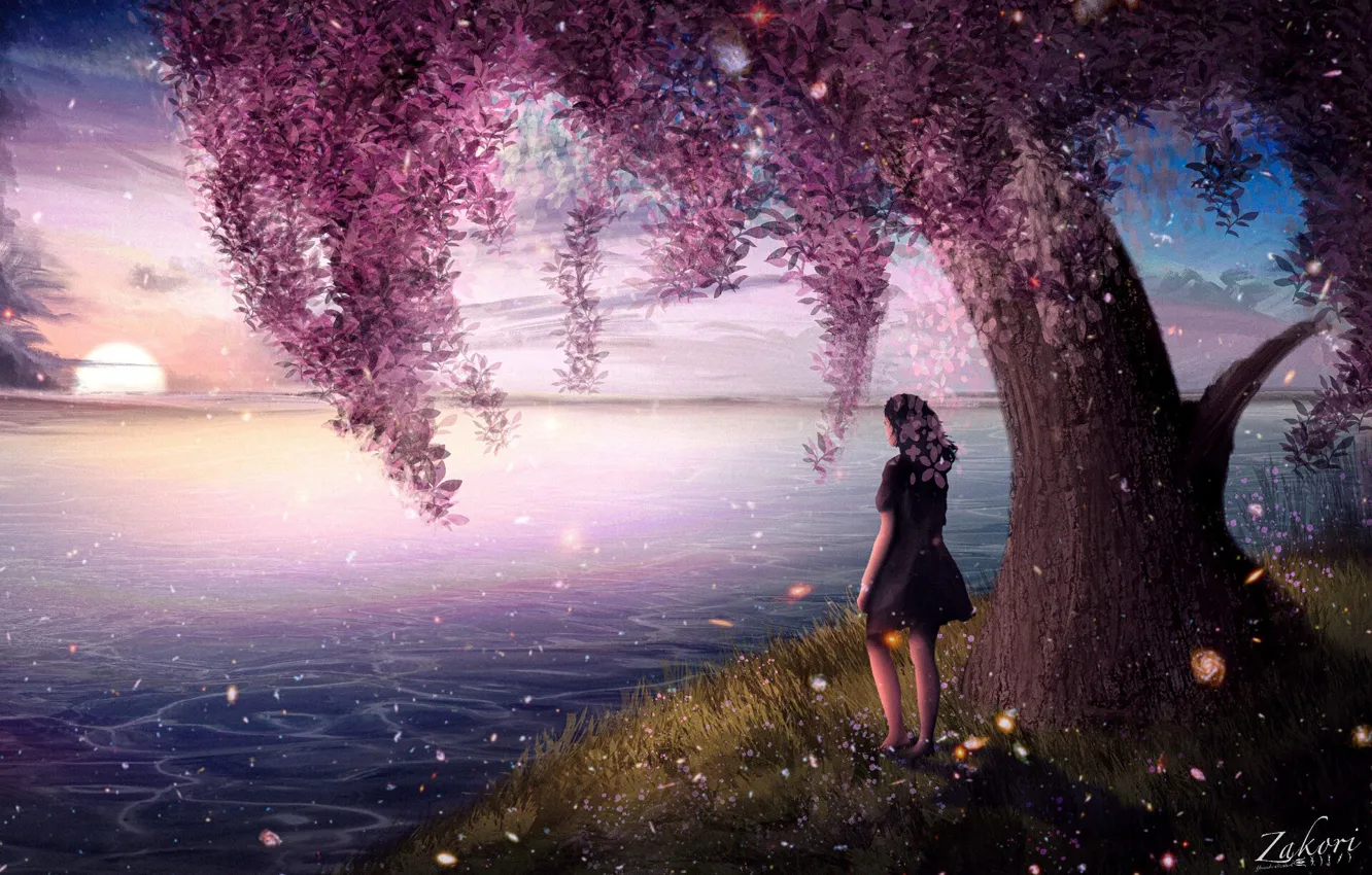 Фото обои девушка, природа, река, дерево, цветение