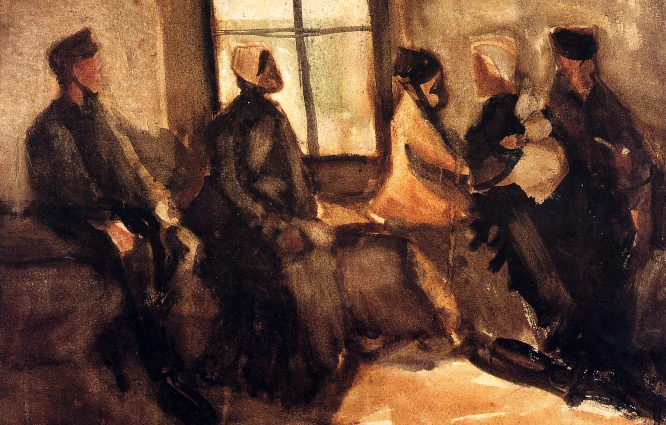 Фото обои девушки, окно, парень, Vincent van Gogh, Waiting Room