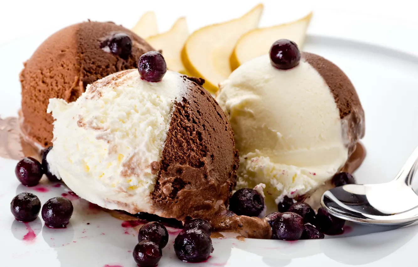 Фото обои ягоды, ложка, мороженое, десерт