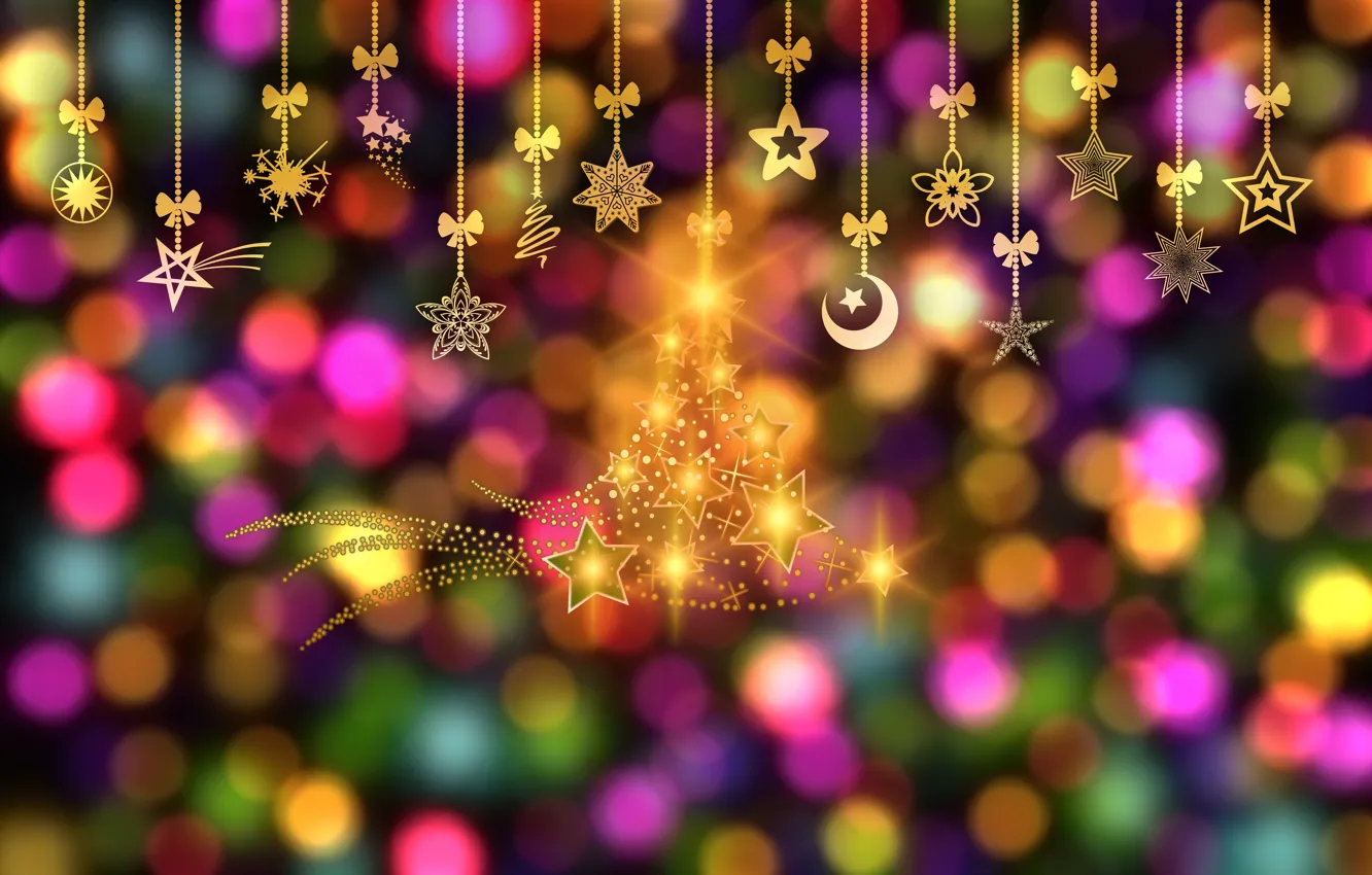 Фото обои огоньки, Новый Год, Рождество, звёздочки, ёлочка