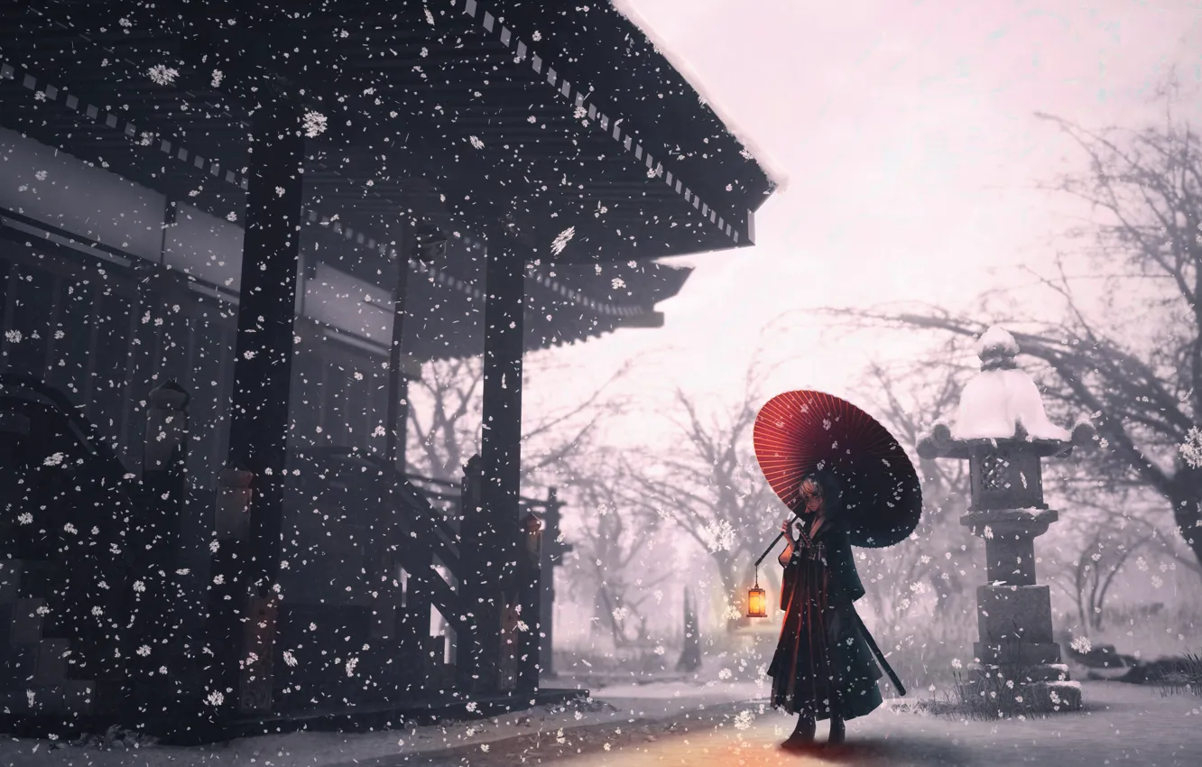 Фото обои девушка, снег, зонт, храм
