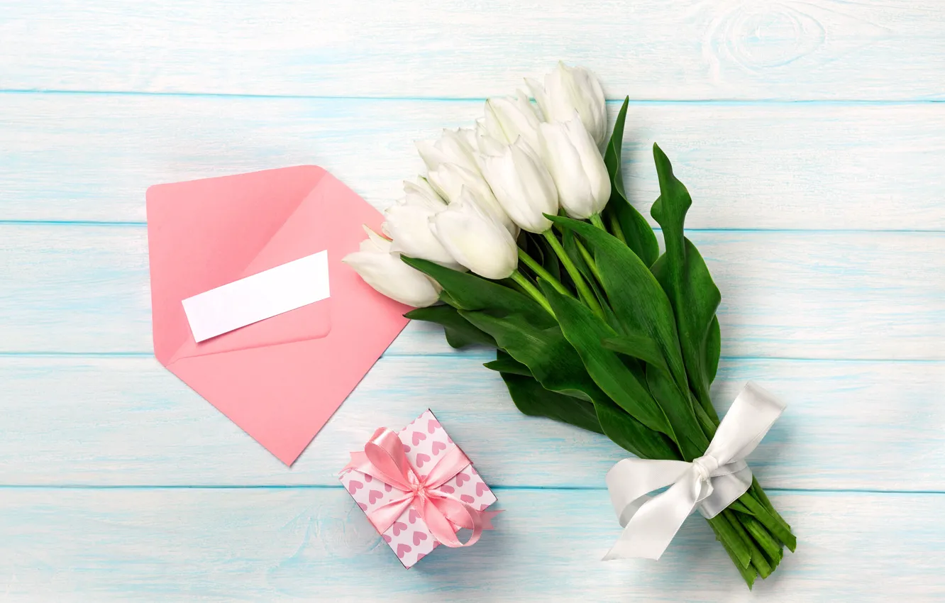 Фото обои любовь, подарок, букет, love, romantic, tulips, valentine's day, letter, День Валентина, gift box, белые тюльпаны