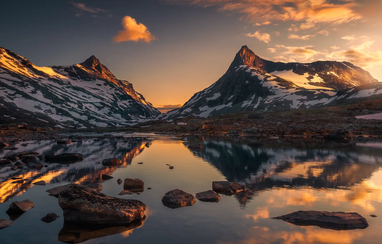 Фото обои горы, озеро, отражение, Норвегия