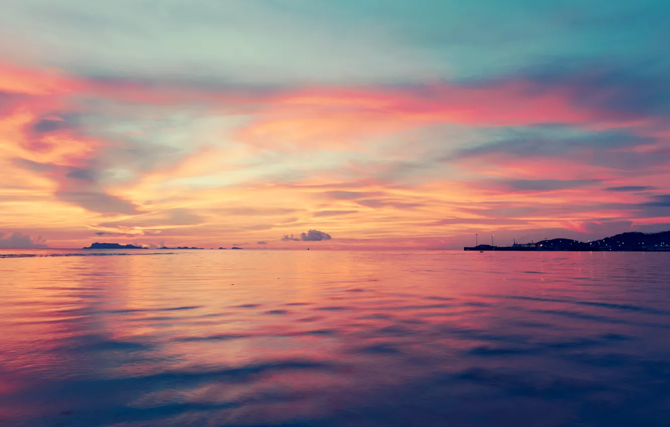 Фото обои море, пляж, небо, закат, розовый, beach, sky, sea, sunset, pink