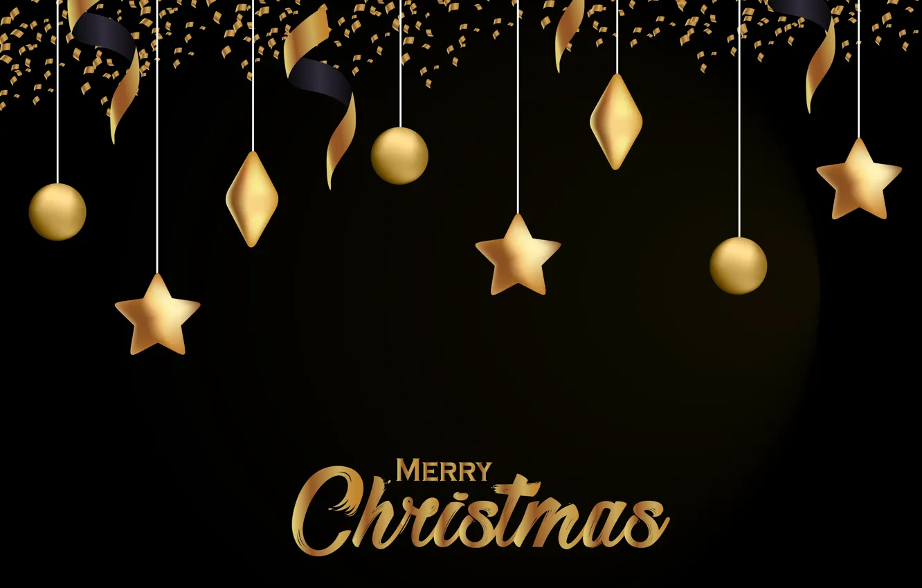 Фото обои украшения, золото, Новый Год, Рождество, golden, черный фон, black, Christmas, background, New Year, decoration, xmas, …