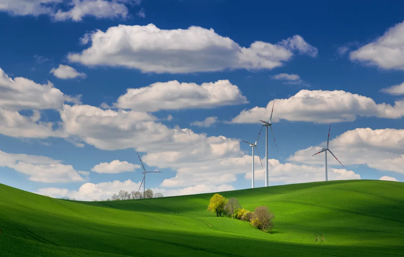 Фото обои поле, облака, холмы, ветряки, field, clouds, hills, windmills, Ales Komovec