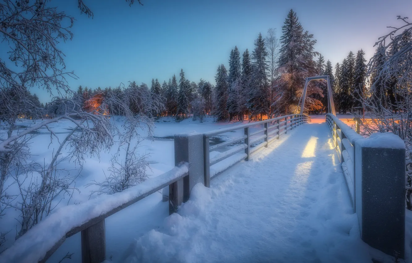 Фото обои зима, лес, мост, речка, Финляндия