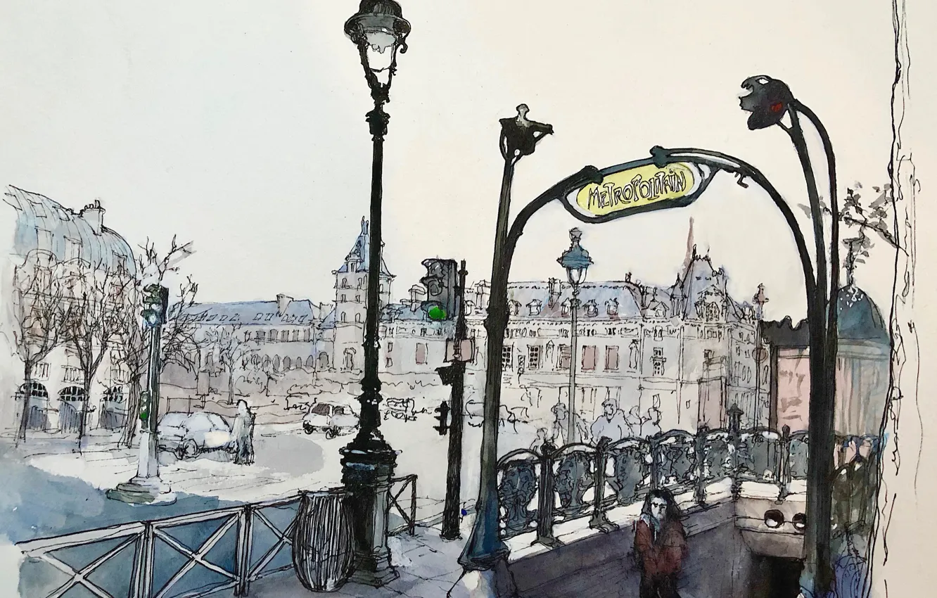 Фото обои метро, рисунок, Париж, акварель, городской пейзаж, бульвар Сен-Мишель